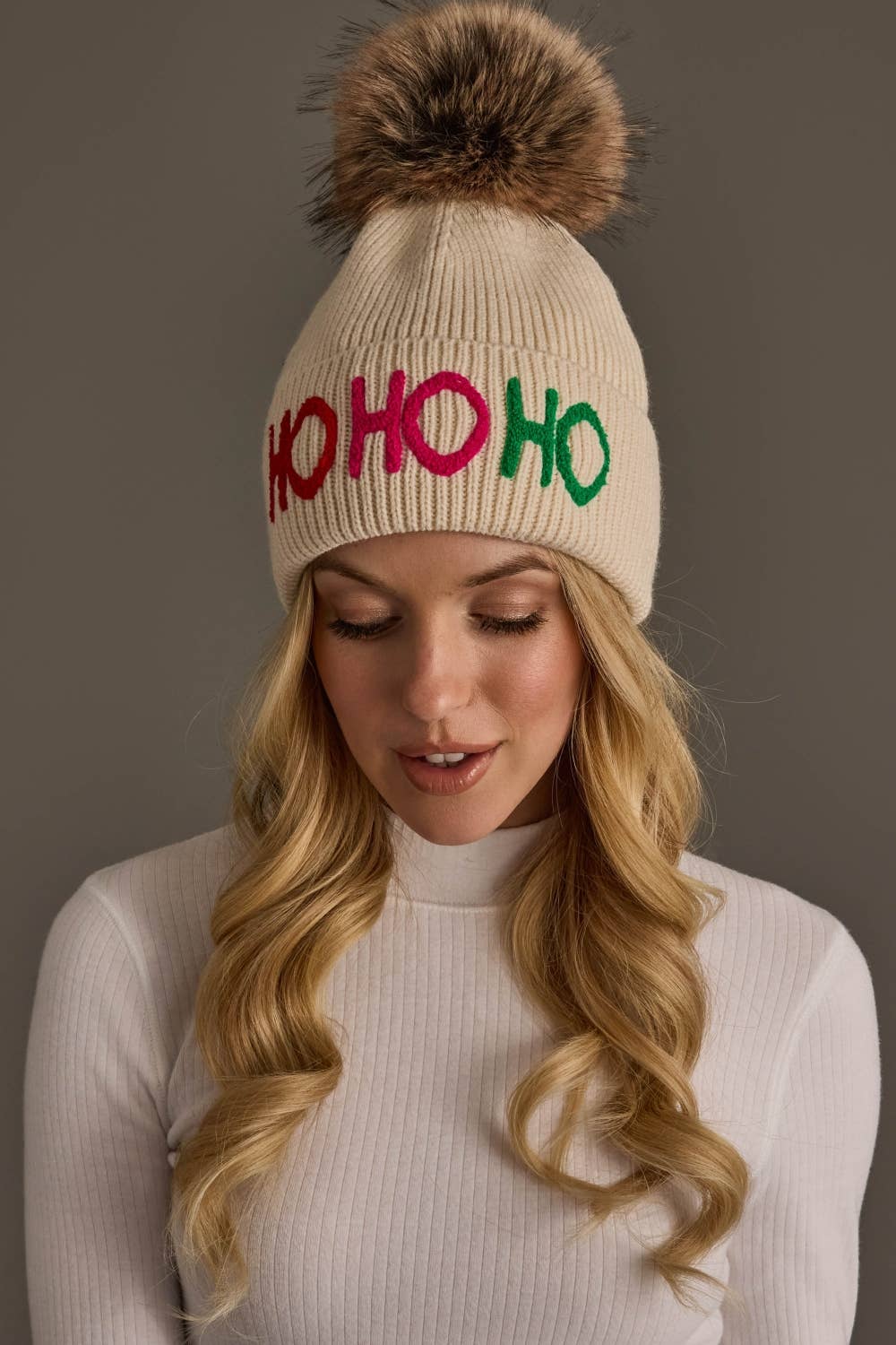 Beige Ho Ho Ho Knit Pom Hat