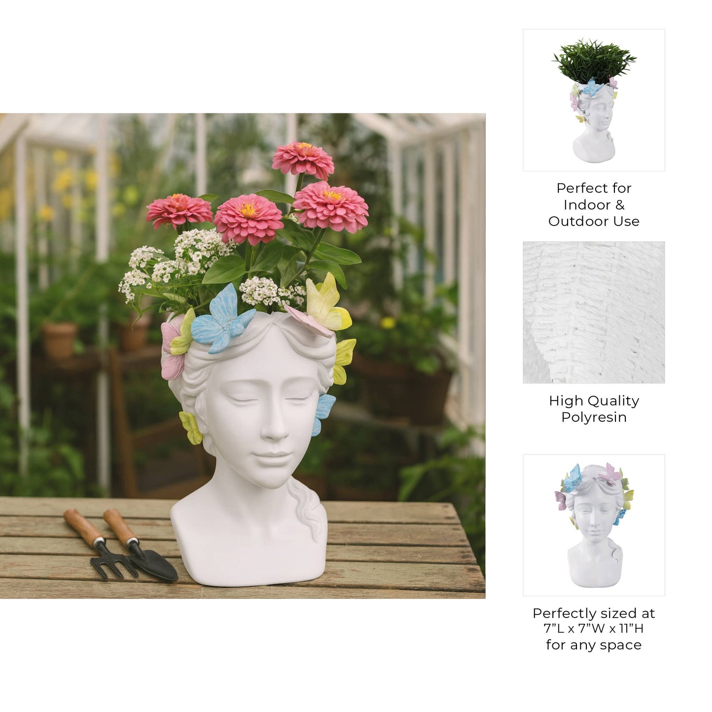 Planter - White Polyresin Lady with Butterflies, 7 in.