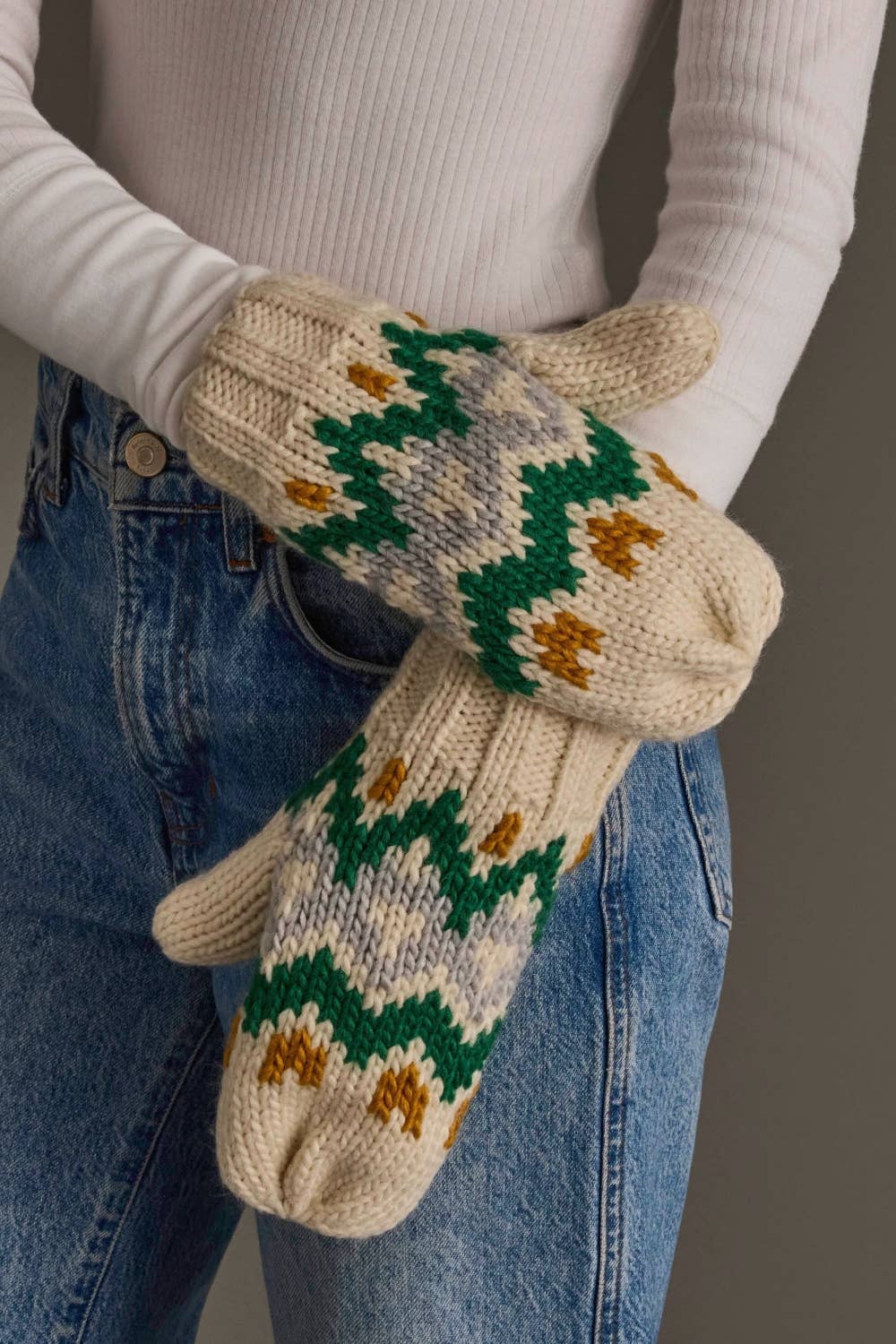Cream, Gold, Green & Gray Patterned Mittens