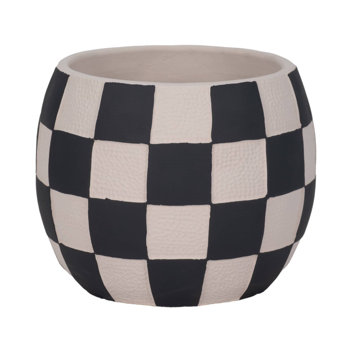 Planter - Black/White Pottery Checkerboard Rounded, 8 in.