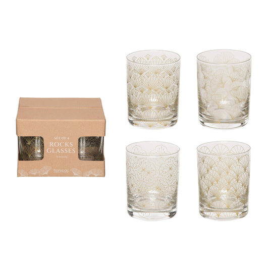 VIP Glass 6.61 in. Gold Floral Rocks Glasses Set of 4