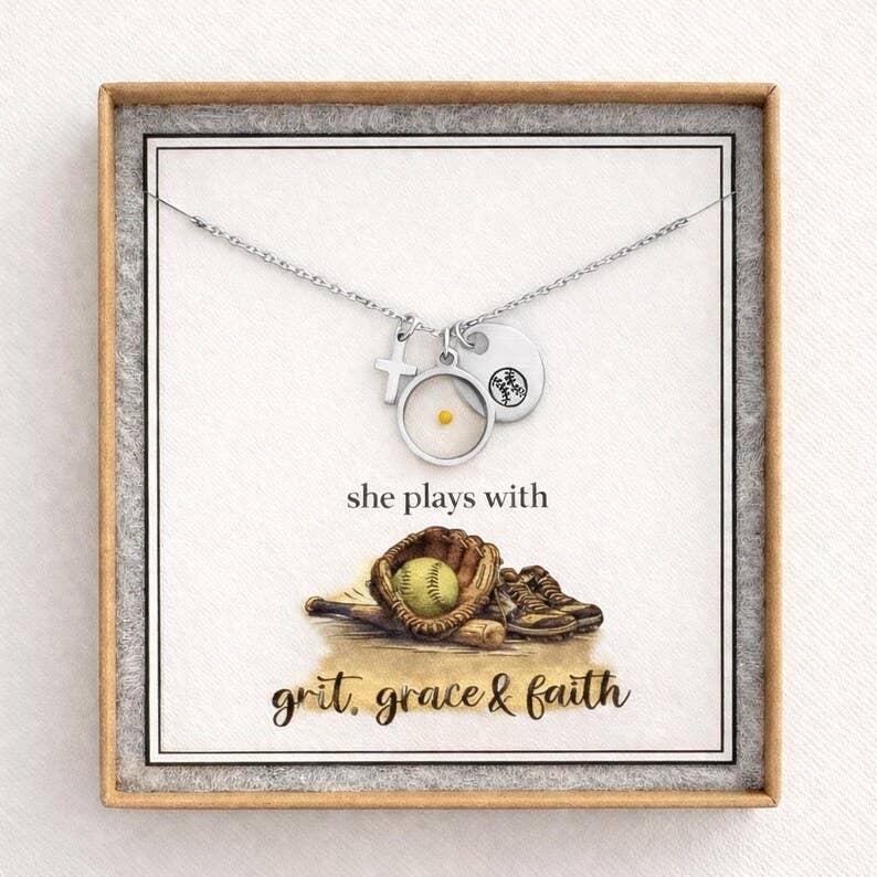 Softball Cross Mustard Seed Necklace for Girl – Faith Based Softball Player Gift, Christian Athlete Jewelry, Senior Night Gift
