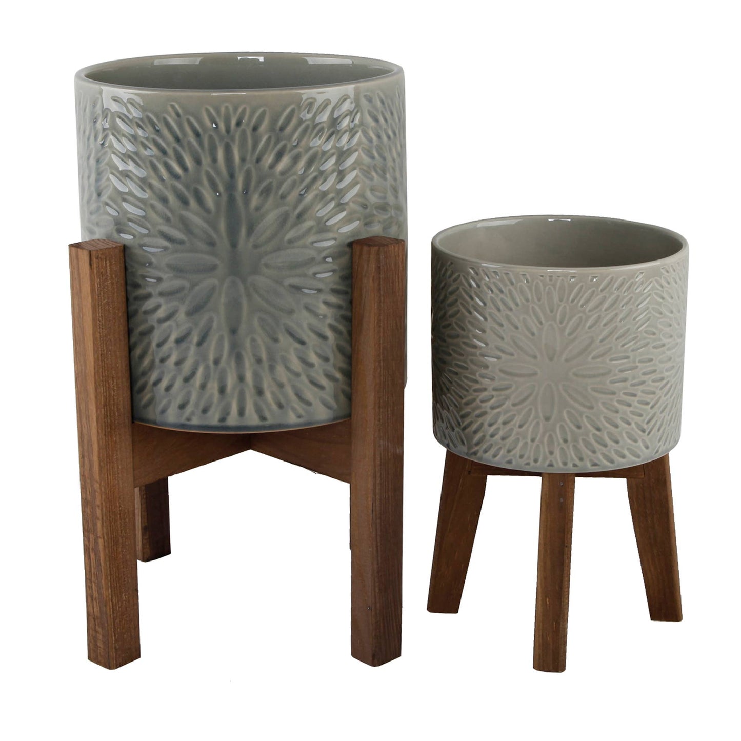 Set of 2 Gray Textured Ceramic Planters on Wood Stands
