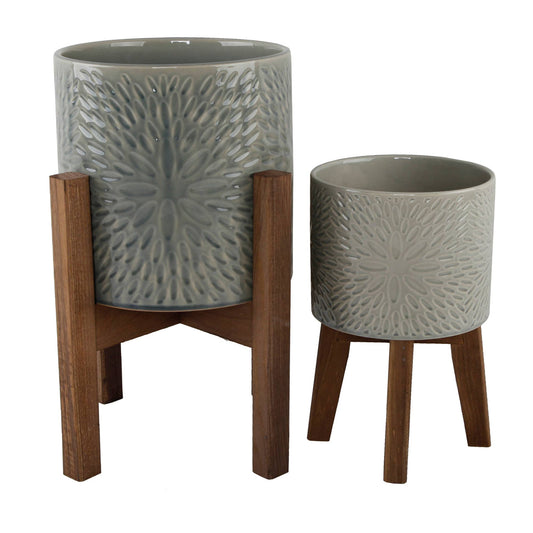 Set of 2 Gray Textured Ceramic Planters on Wood Stands