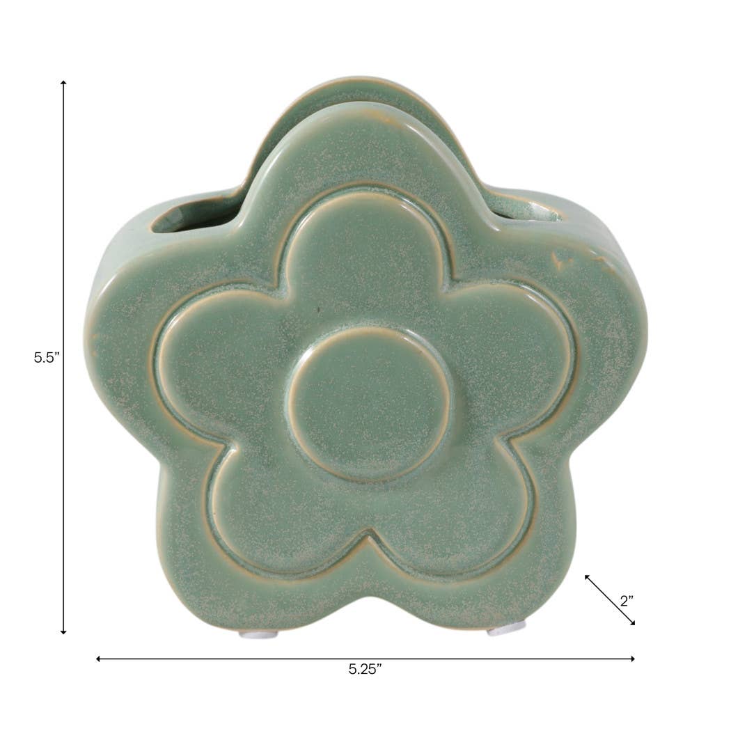 Pencil Cup - Green Ceramic Sculpted Flower Power, 6 in.