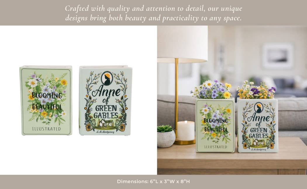 Decorative Vase Set of 2 - Green Ceramic Floral Book, 8 in.