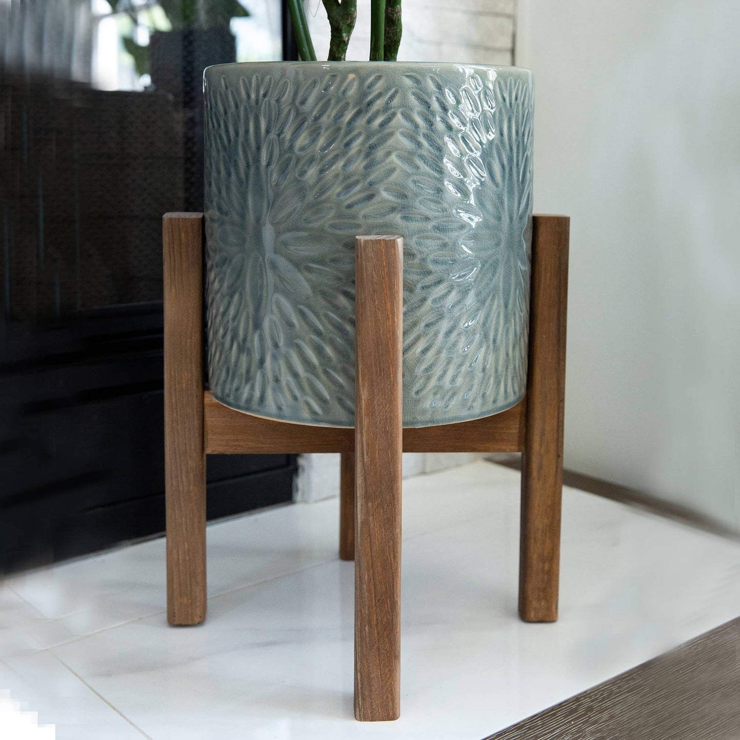 Set of 2 Gray Textured Ceramic Planters on Wood Stands
