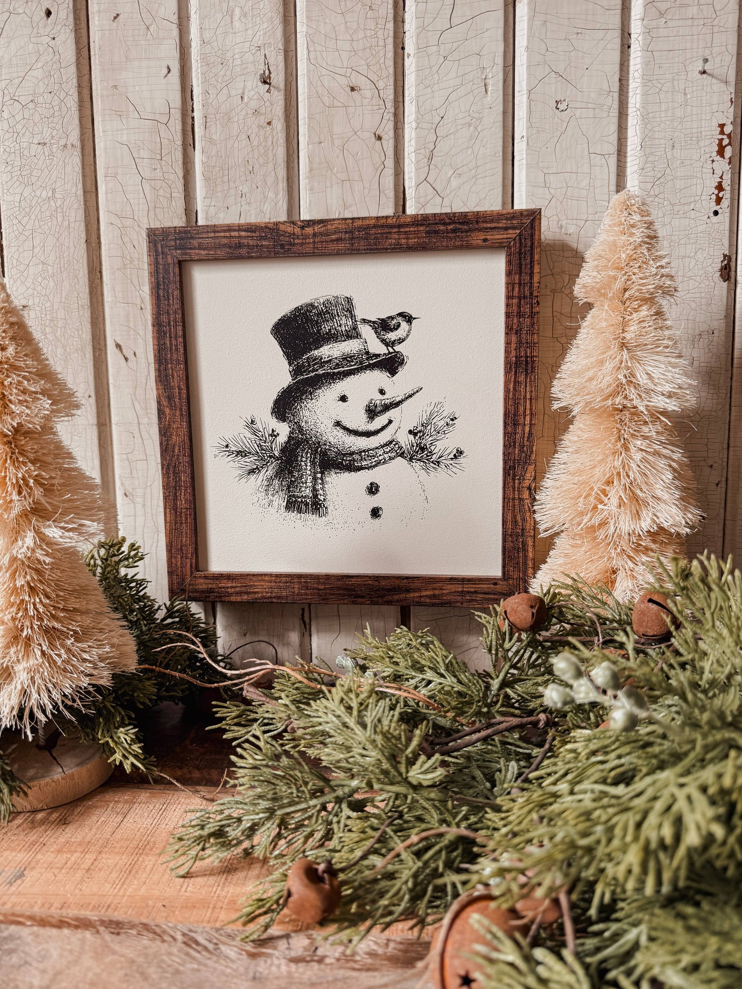 Black/White Vintage Snowman Face Wood Sign