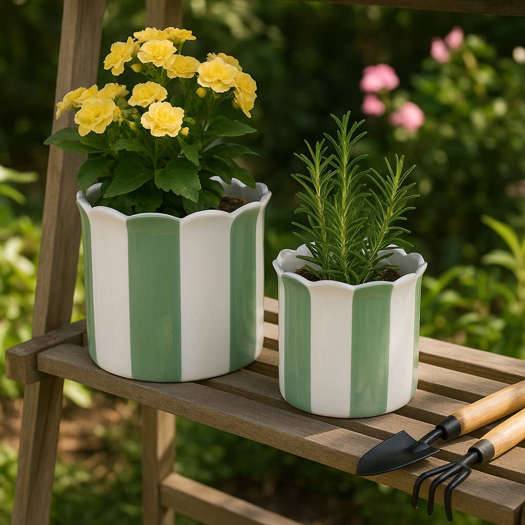 Planters Set of 2 - Green/White Ceramic Striped, 6/8 in.