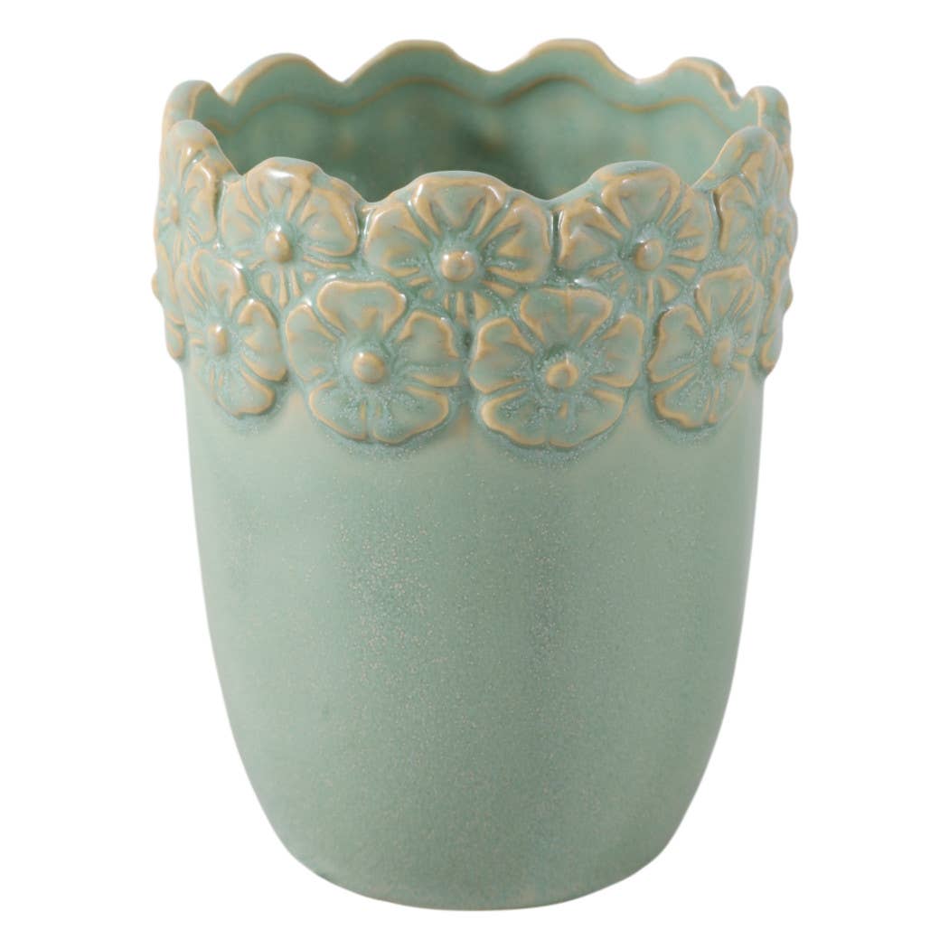 Pencil Cup - Green Ceramic Scalloped Flower Border, 4 in.