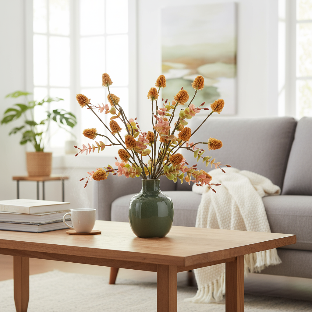 Faux Wildflower Arrangement in Green Ceramic Vase – 17”