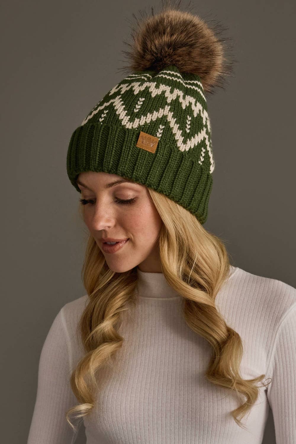 Olive & Beige Patterned Pom Hat