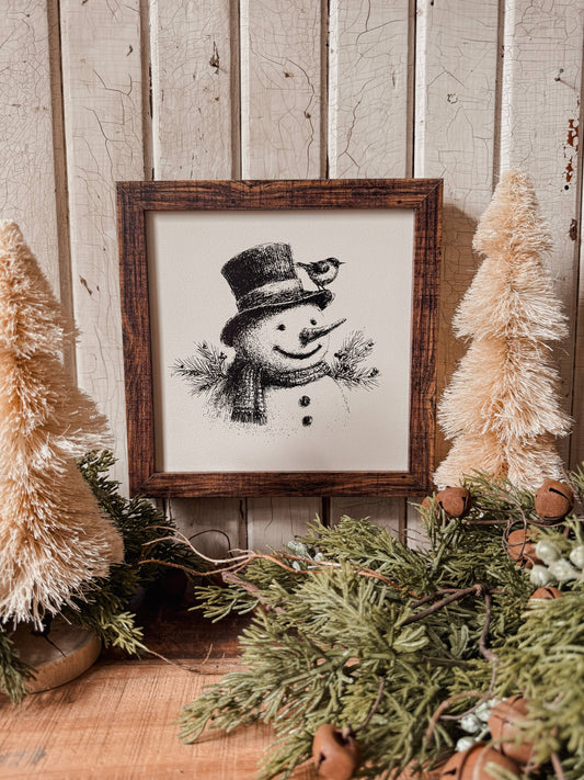 Black/White Vintage Snowman Face Wood Sign