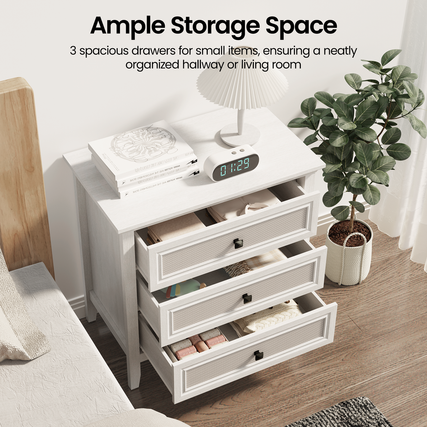 3 Drawer Dresser, Cane Nightstand with Rattan Drawers