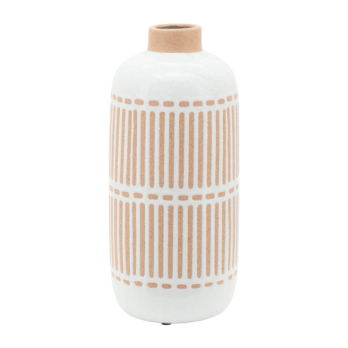 Decorative Vase - Ivory Ceramic Aztec Grooved Line, 12 in.