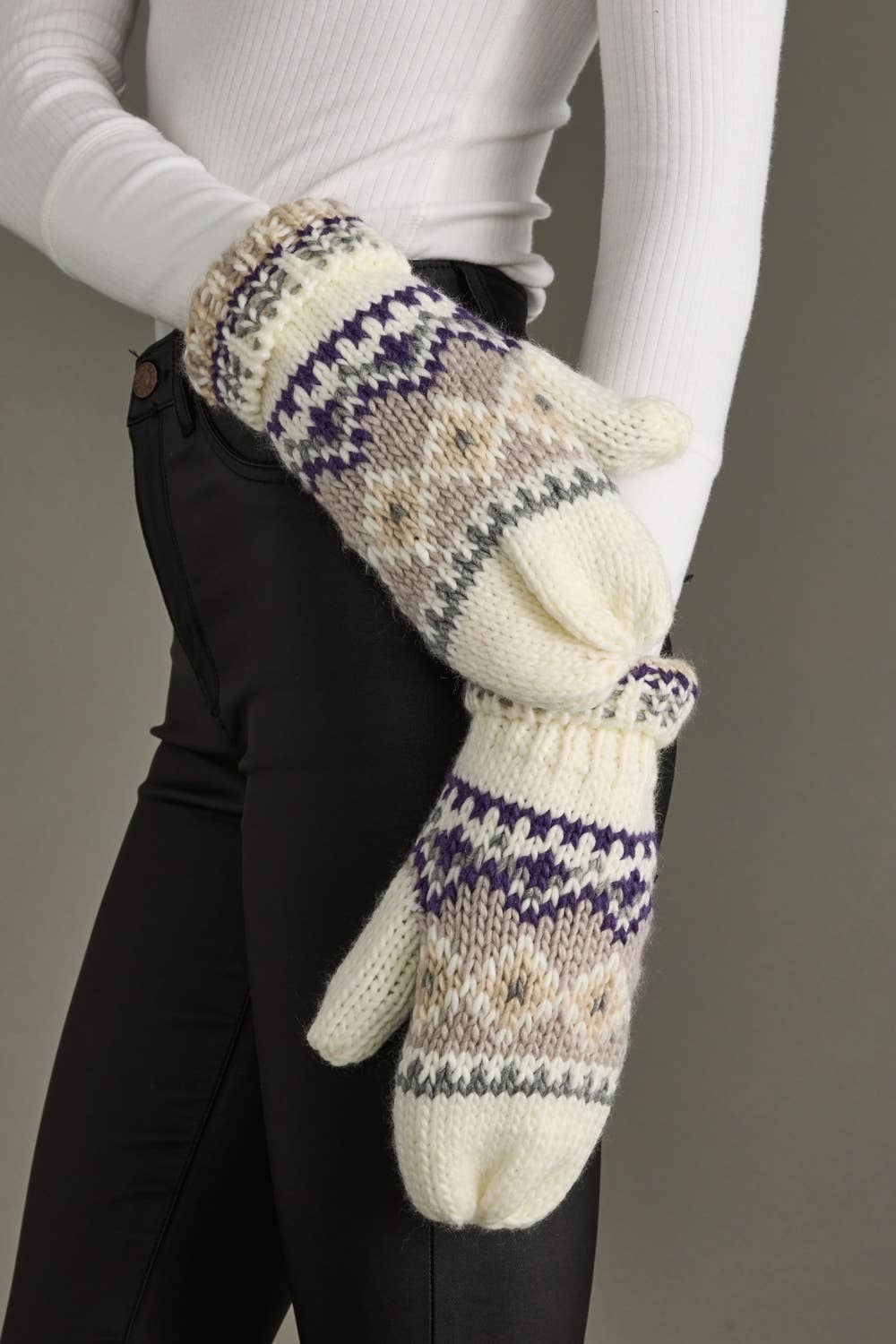Ivory, Purple & Taupe Patterned Mittens