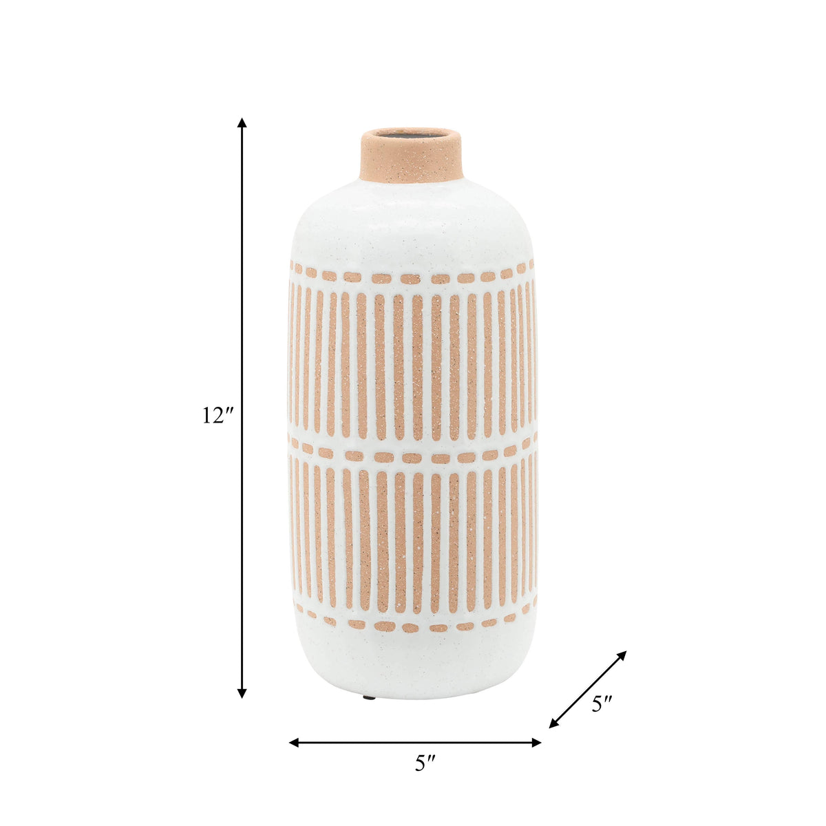 Decorative Vase - Ivory Ceramic Aztec Grooved Line, 12 in.