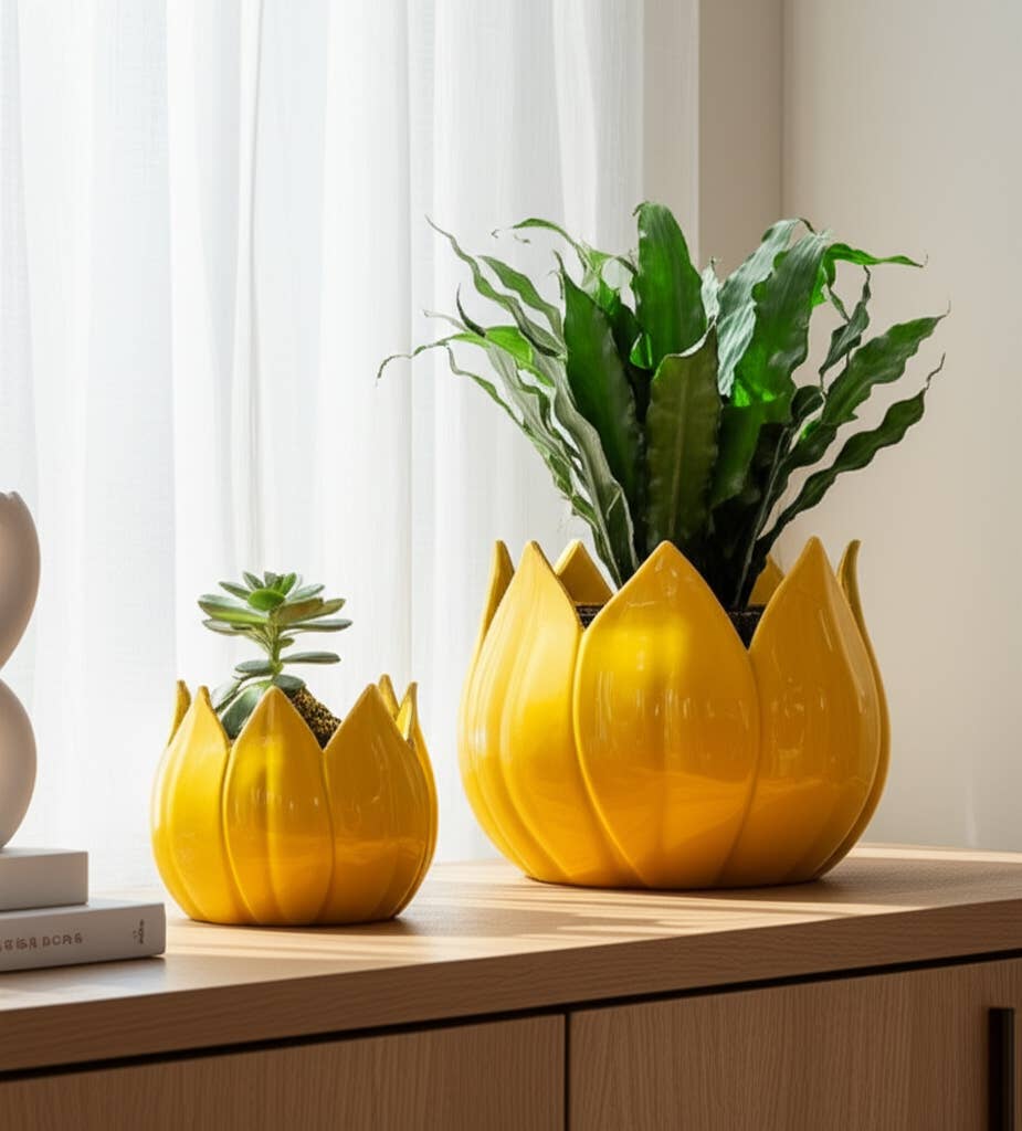 5/8 in. Yellow Petal Stoneware Planters (Set of 2)
