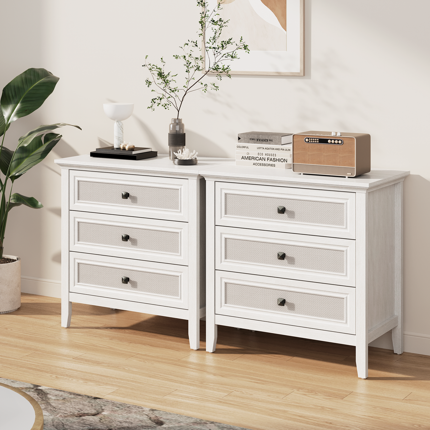 3 Drawer Dresser, Cane Nightstand with Rattan Drawers