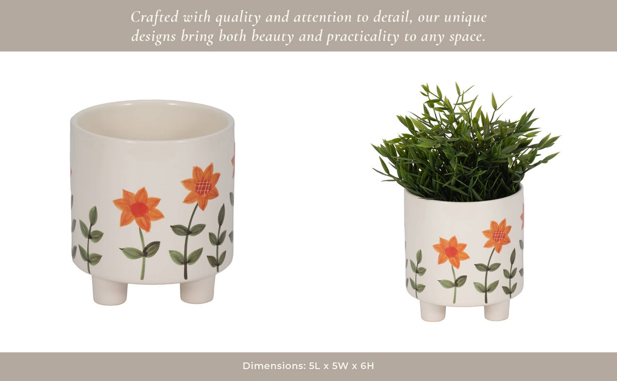 Plant Pot - White Ceramic Resin Footed Hand Painted, 6 in.
