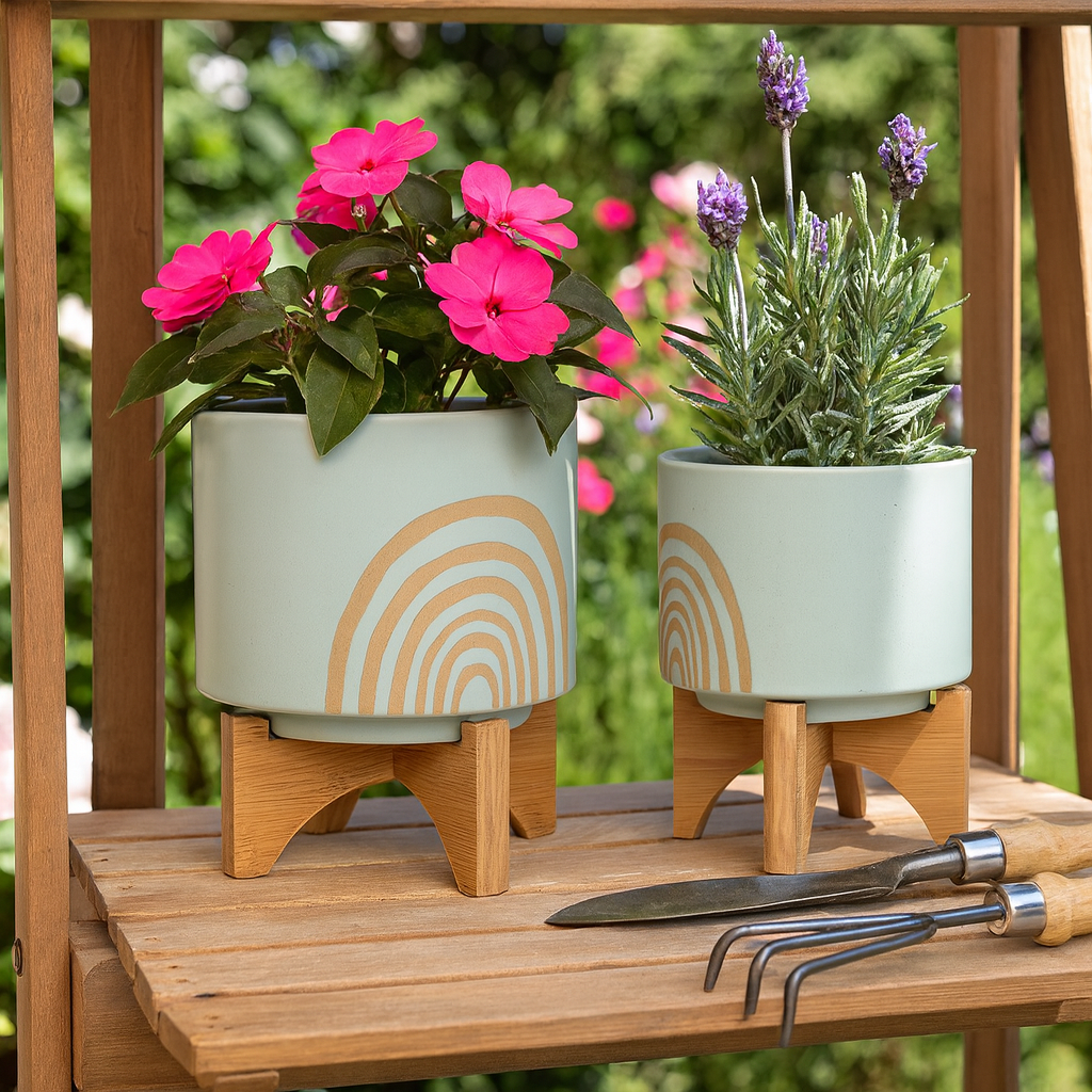 Planter Pots Set of 2 - Green Ceramic Arch Stand, 5/8 in.