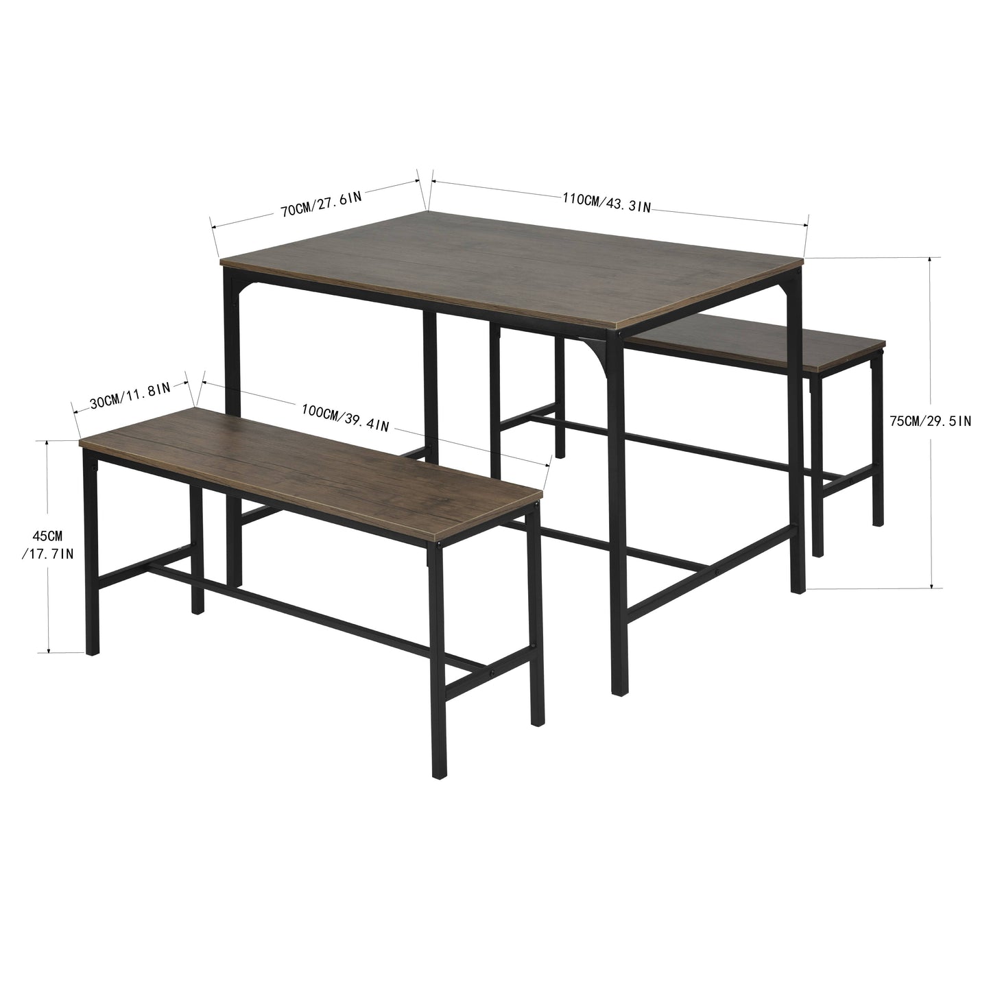 Industrial Dining Table Set with Benches – Wood & Metal