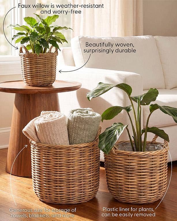 Set of 3 Tall Baskets with Handles-9.5 to 13.5"D