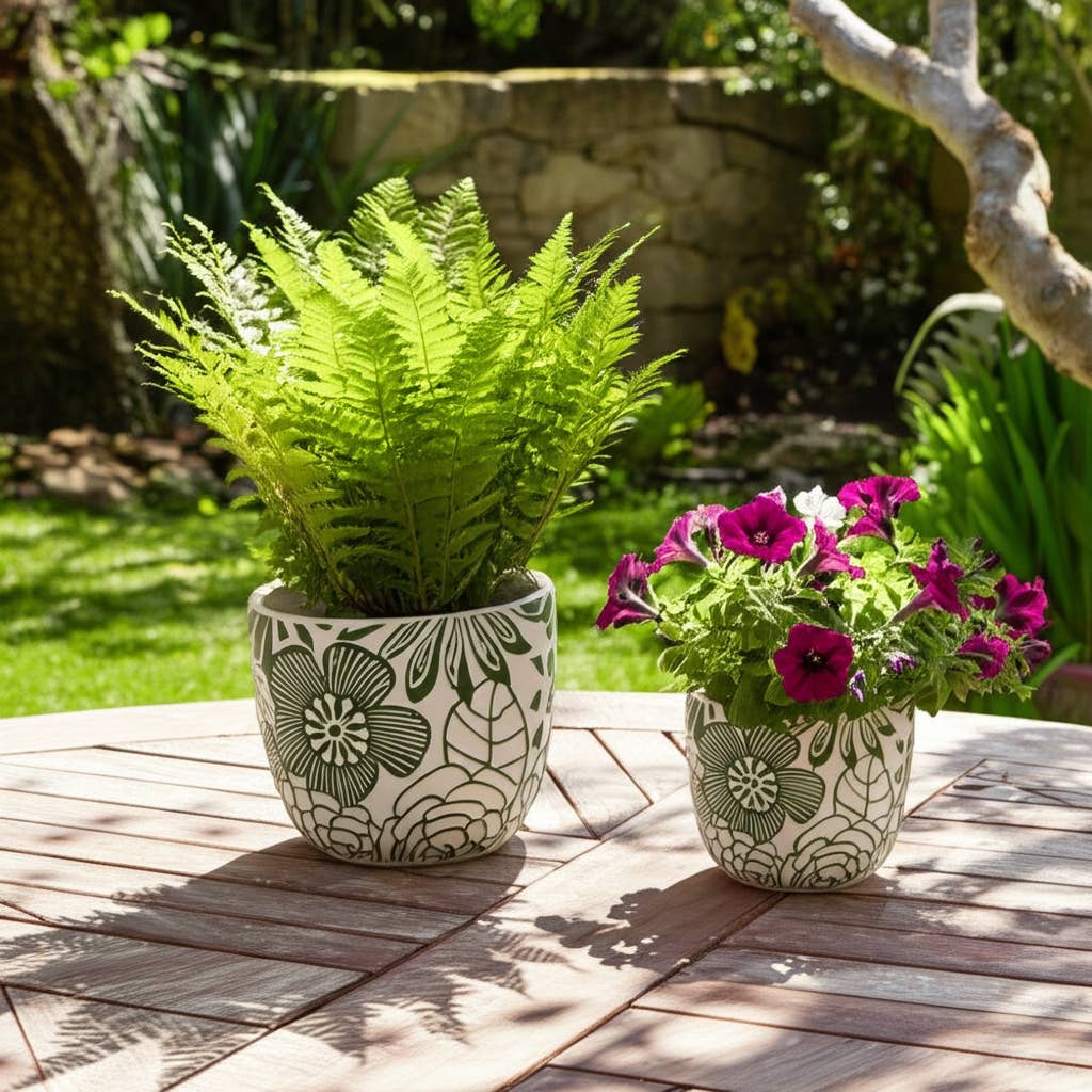 Planter Set of 2 - White/Green Ceramic Floral Power, 6/8 in.