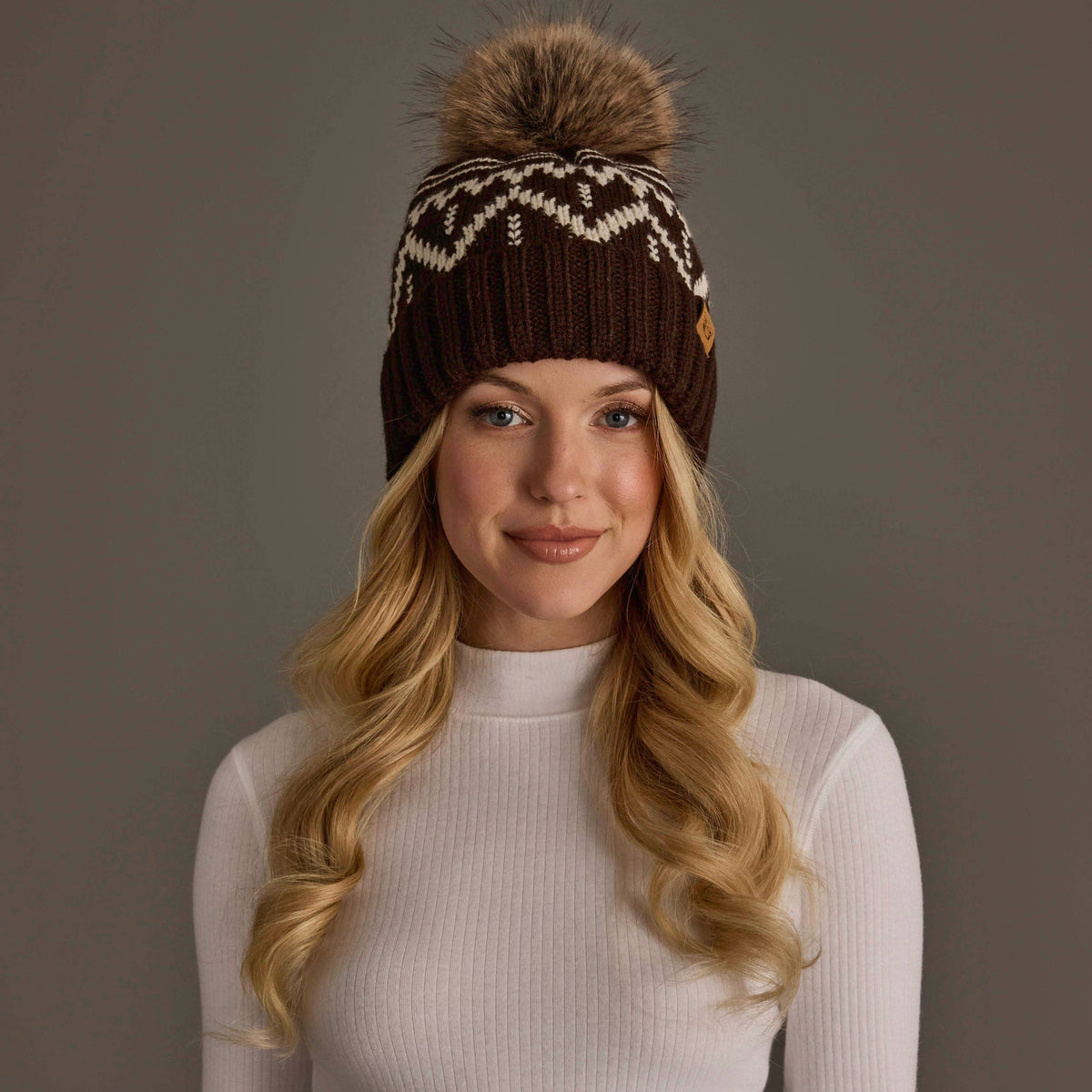 Chocolate Brown & Beige Patterned Pom Hat
