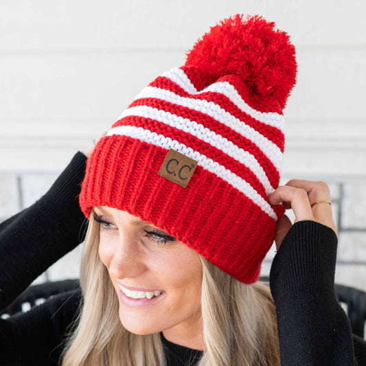CC Chunky Knit Striped Pom Beanie ( YJ-1008 )