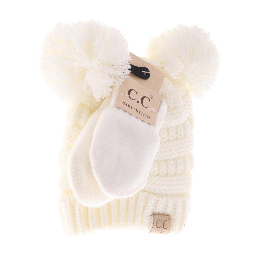 BABY Solid Knit Double Pom C.C Beanie with Mitten SET BABYSE