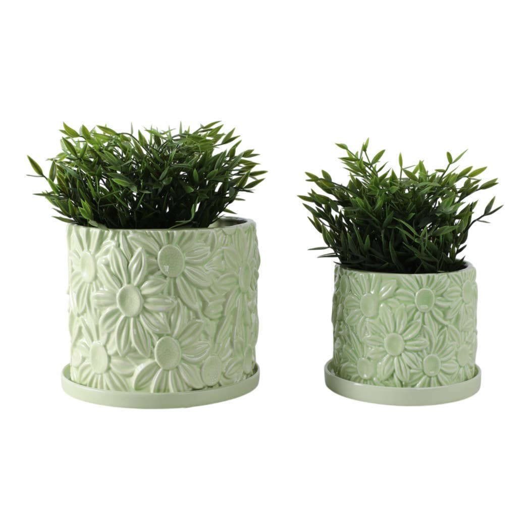 Green 6/8 in. Ceramic Daisy Flower Planter (Set of 2)