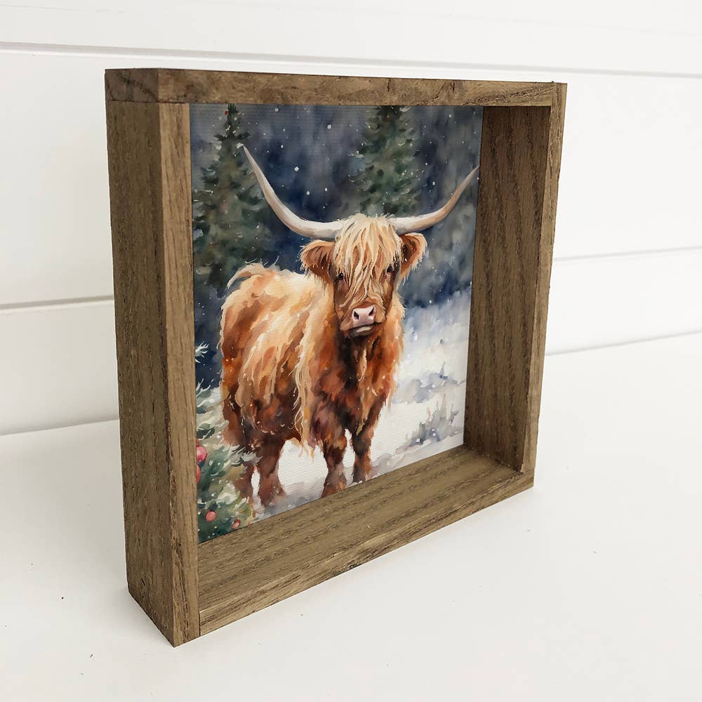 Highland Cow Christmas Tree - Framed Holiday Animal Canvas