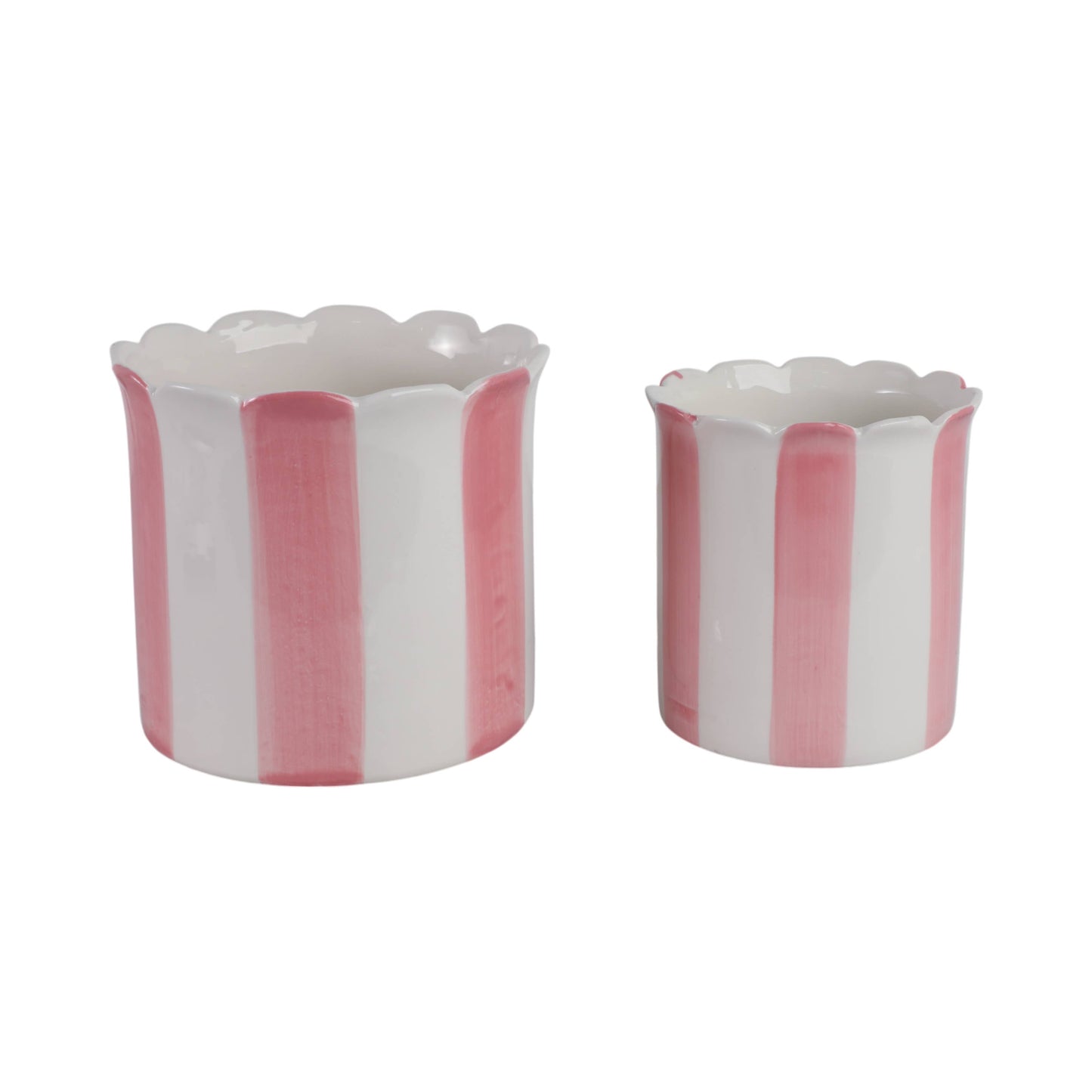Planters Set of 2 - Pink Ceramic Striped Scallop, 6/8 in.