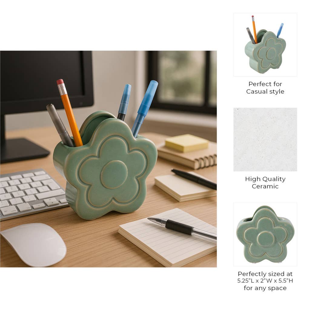 Pencil Cup - Green Ceramic Sculpted Flower Power, 6 in.