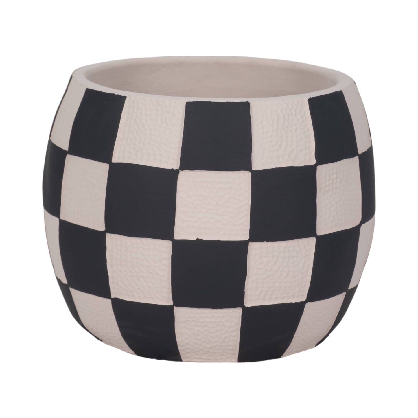 Planter - Black/White Pottery Checkerboard Rounded, 8 in.