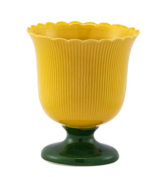 Yellow Pedestal Ribbed Tulip Planter - Retro #34068