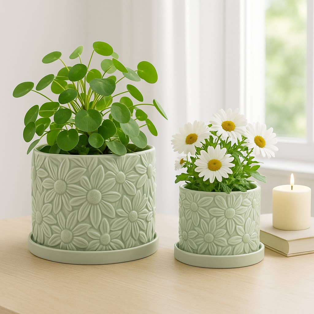 Green 6/8 in. Ceramic Daisy Flower Planter (Set of 2)