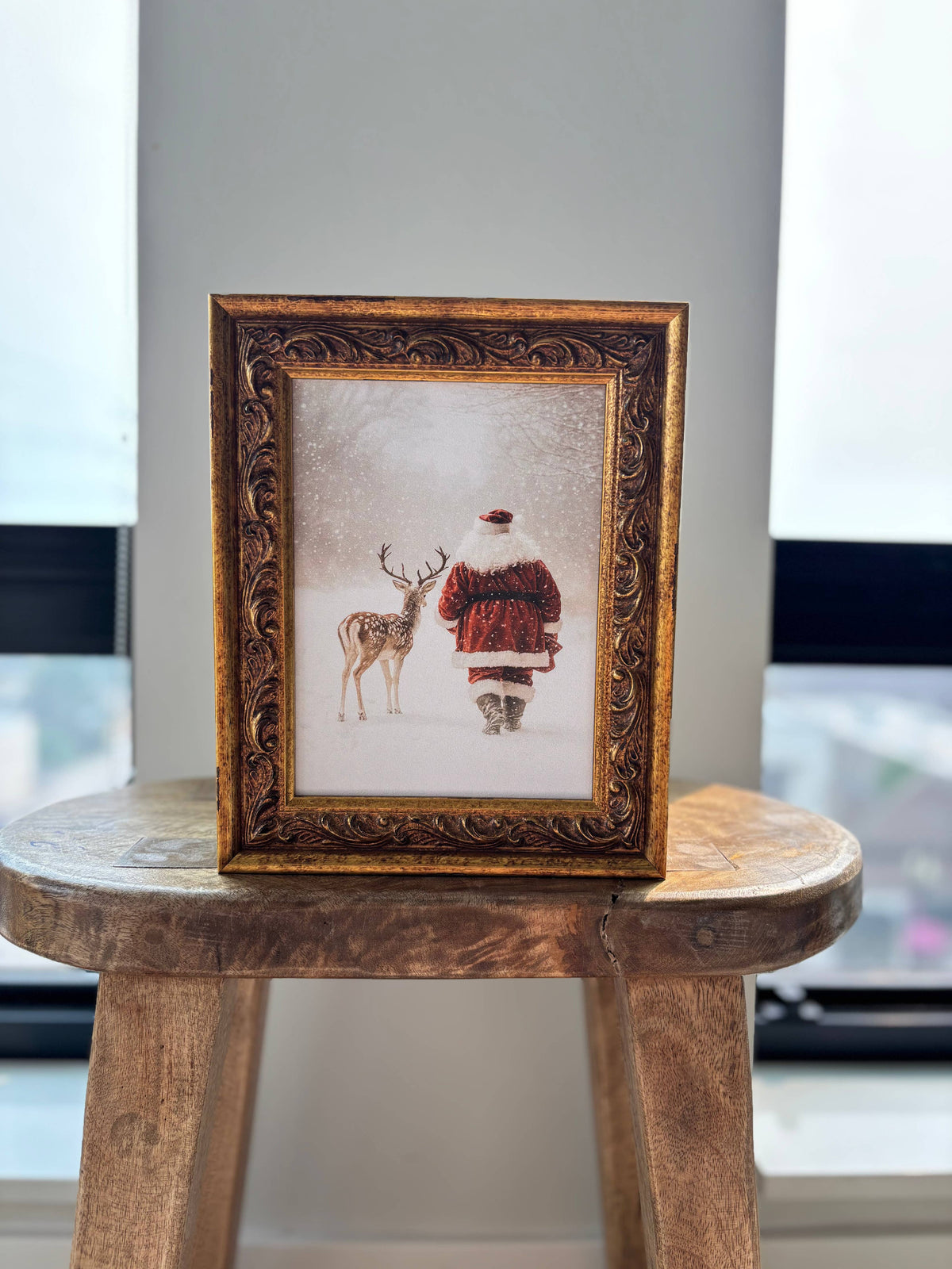 Santa and Reindeer: Antique Gold Frame Wall Art