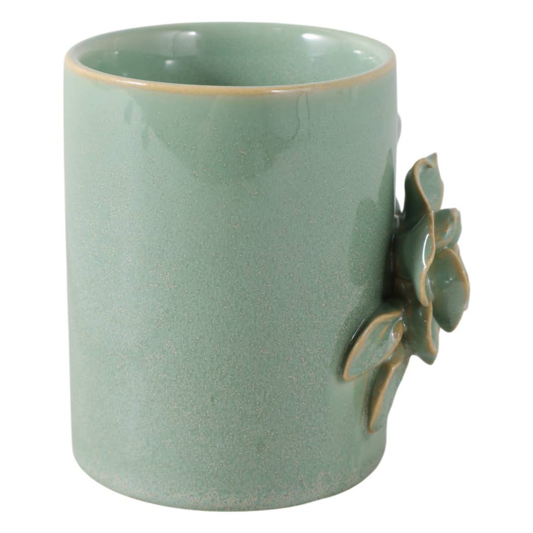 Pencil Cup - Green Ceramic Rose Decorative Applique, 4 in.