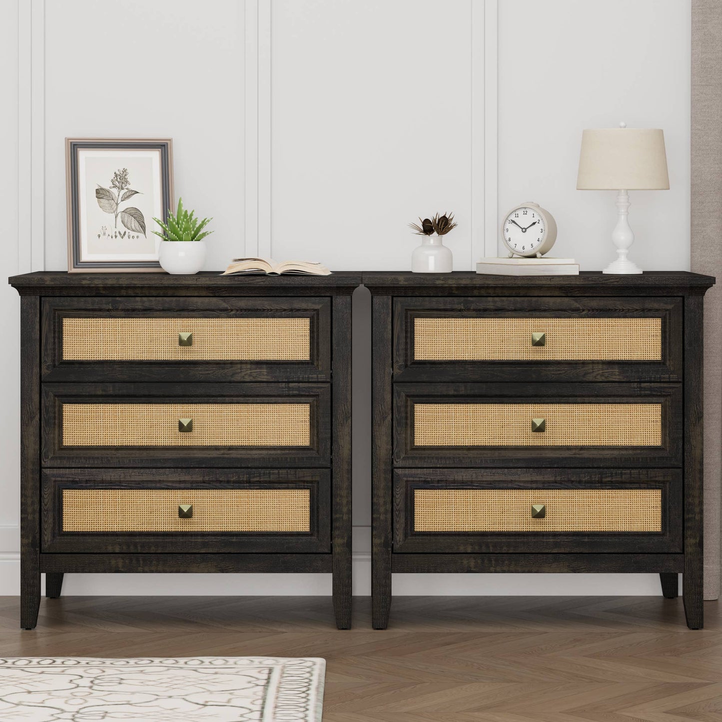 3 Drawer Dresser, Cane Nightstand with Rattan Drawers