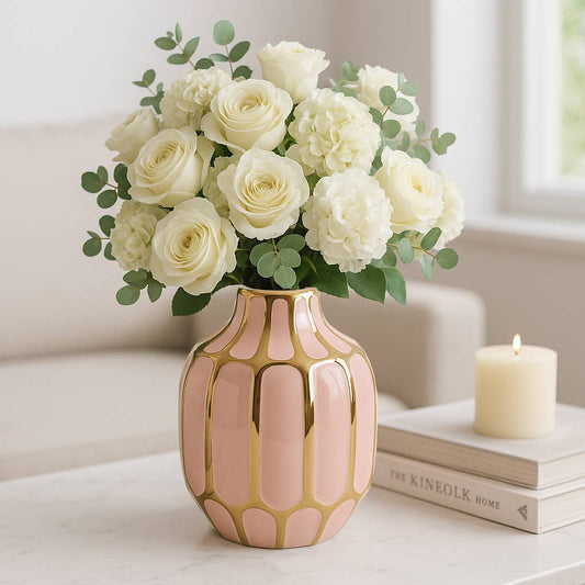 Pink 8 in. Ceramic Novelty Striped Blush Vase