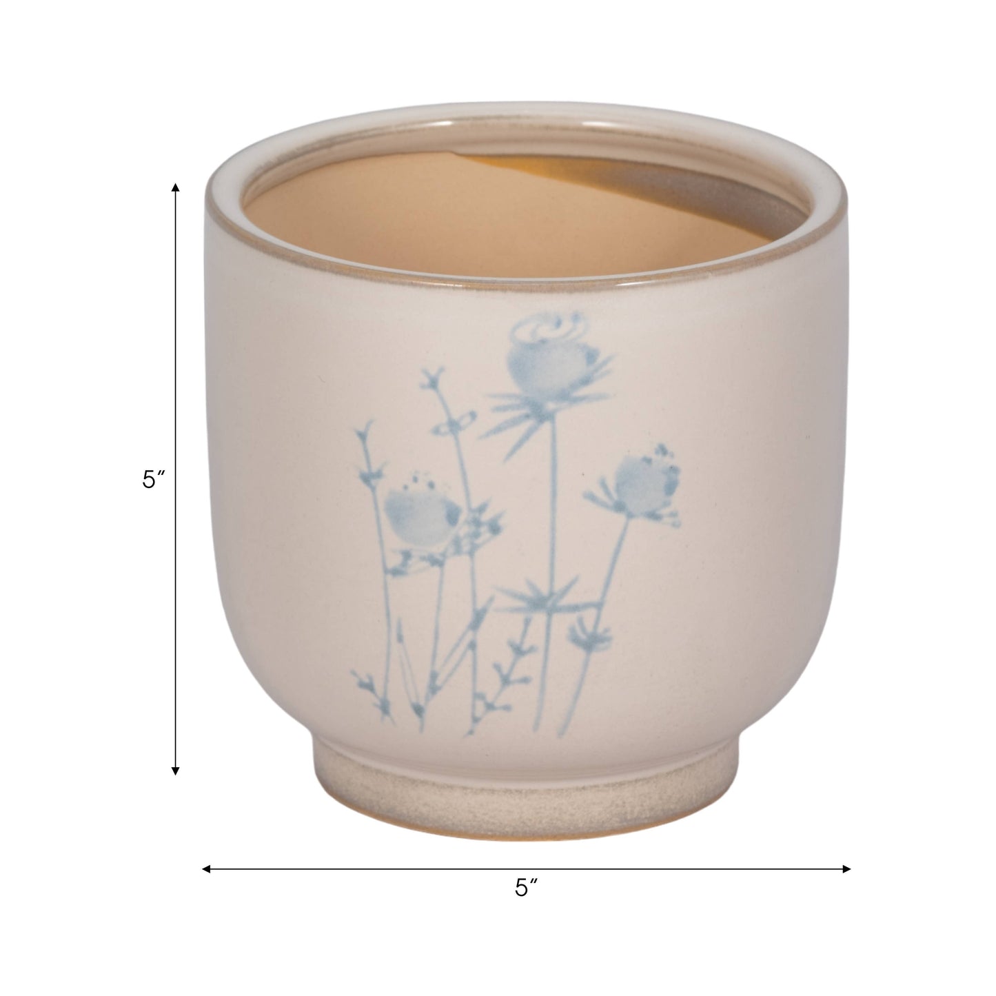 Decorative Planter - Beige Ceramic Blue Flower Design, 5 in.