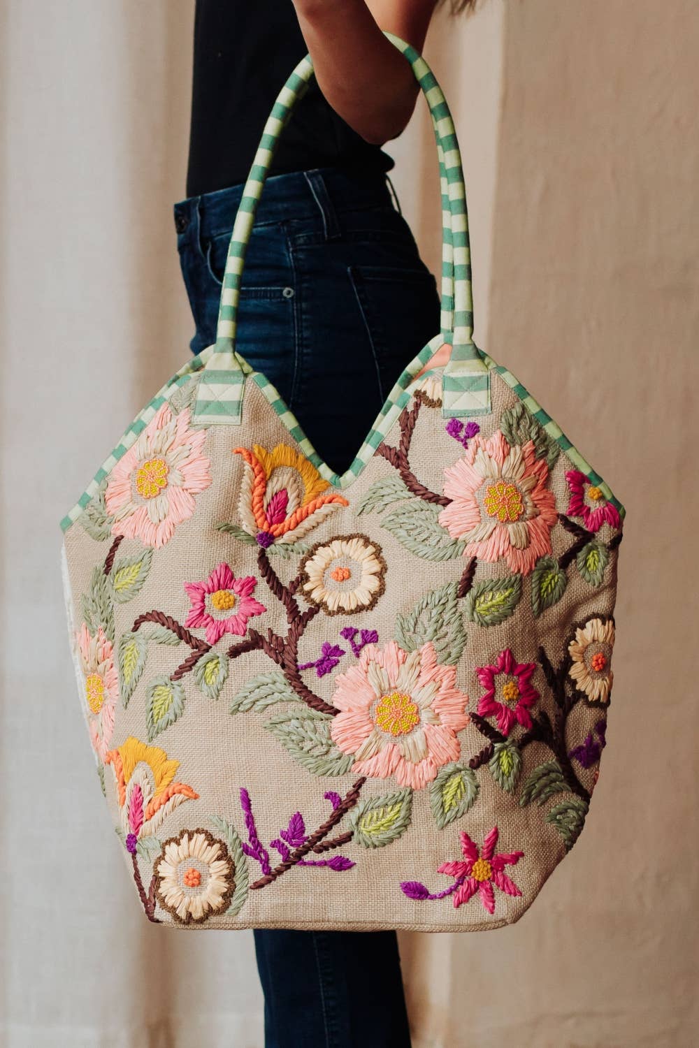 Green, Navy & Multicolored Floral Tote