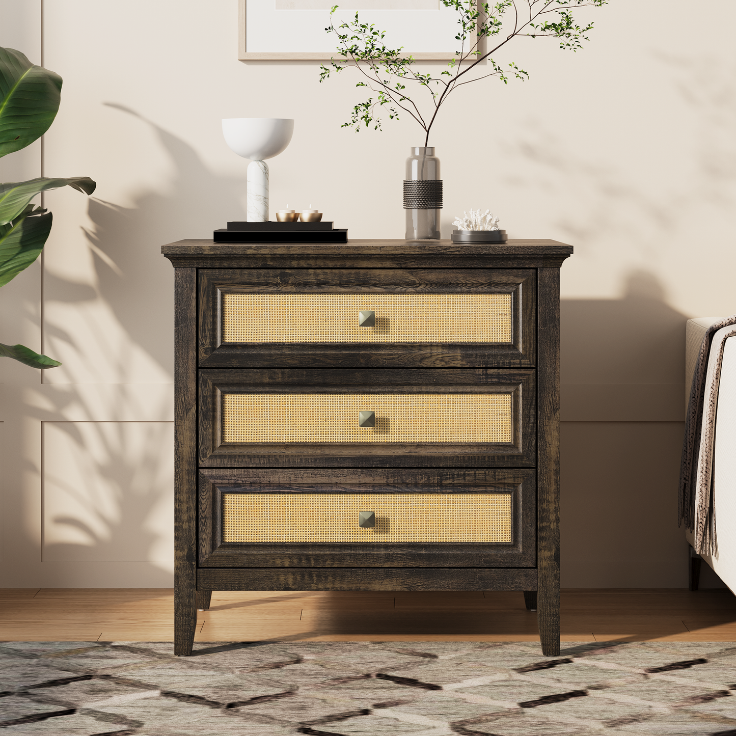 3 Drawer Dresser, Cane Nightstand with Rattan Drawers