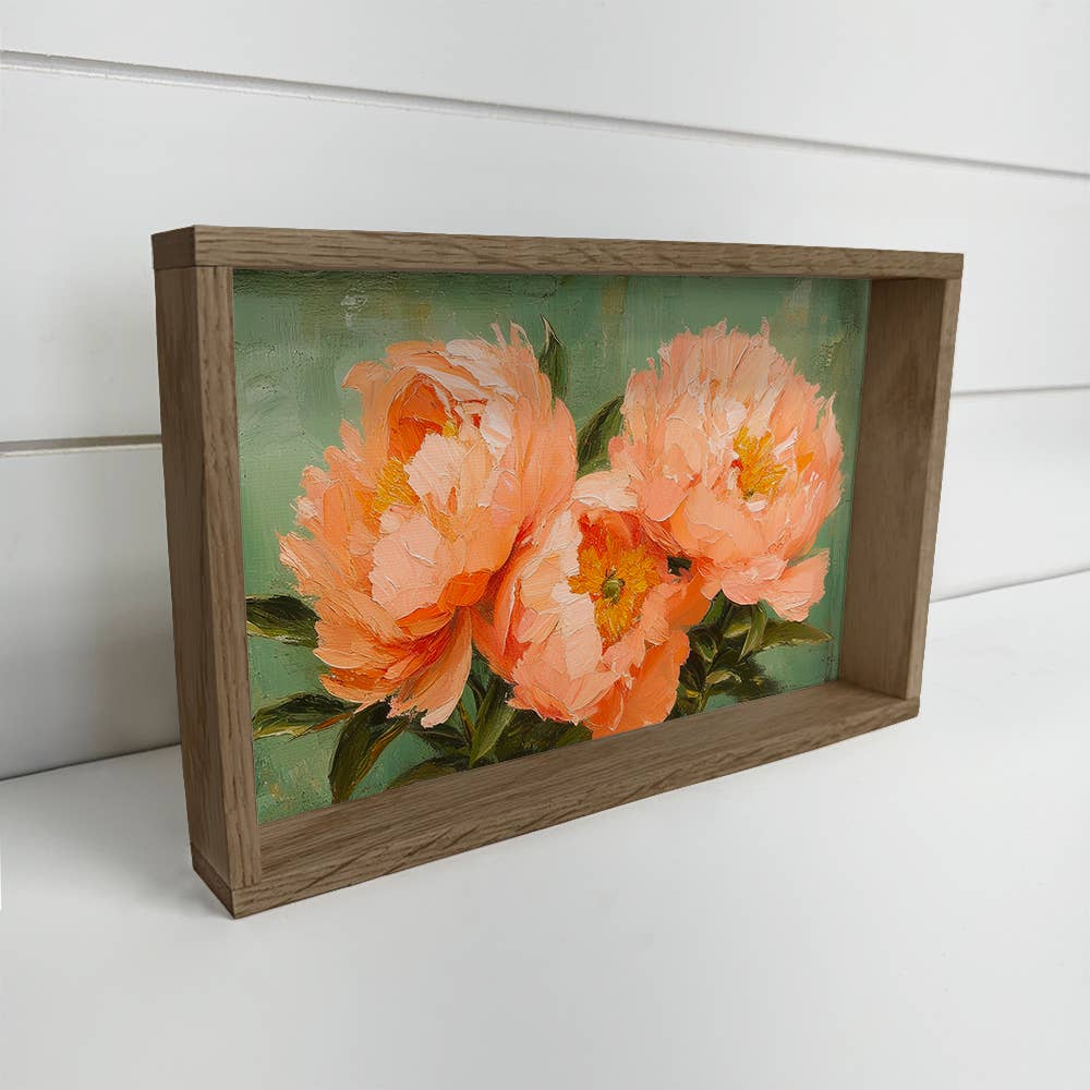 Peach Peonies on Green - Farmhouse Floral Canvas Wall Art