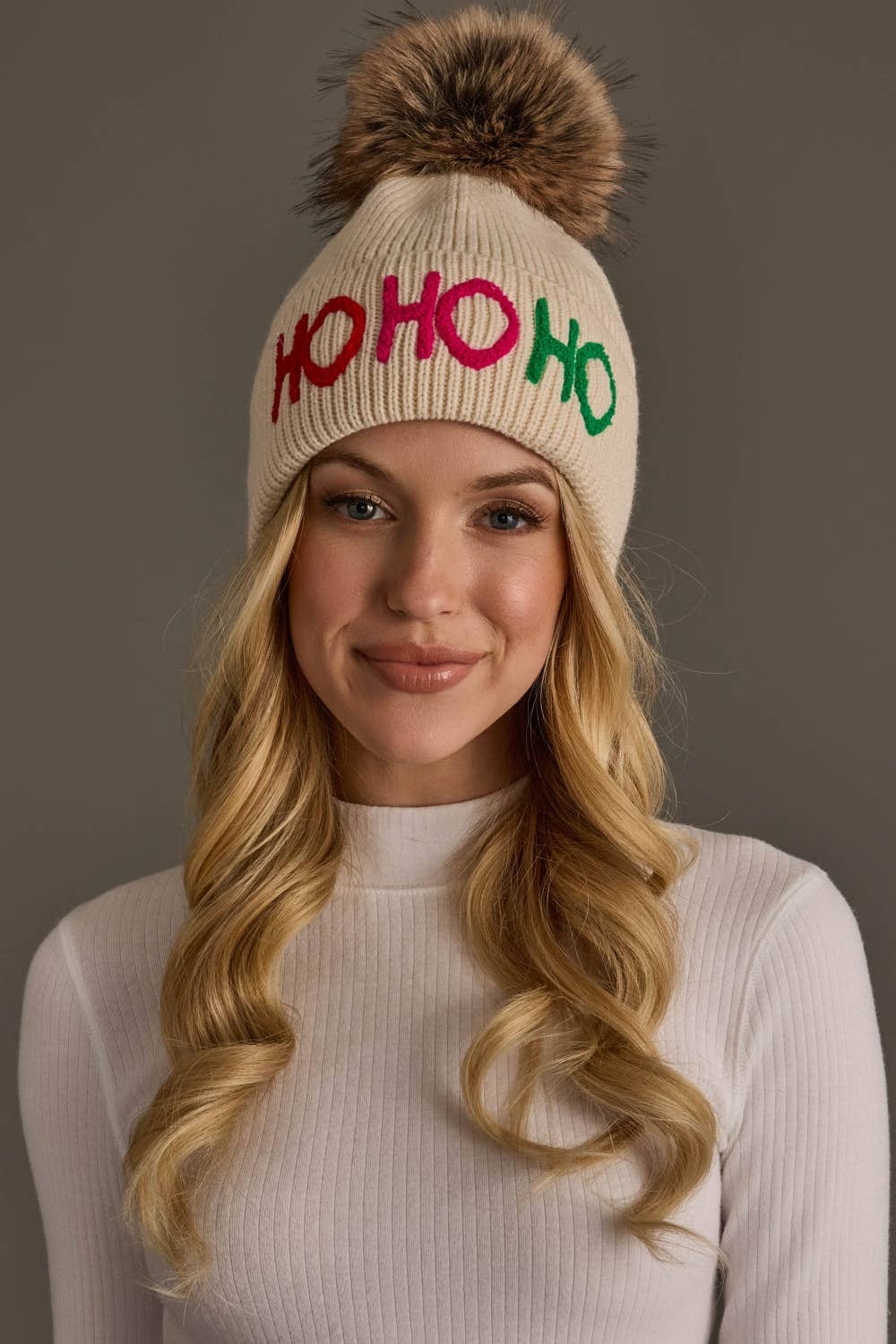 Beige Ho Ho Ho Knit Pom Hat