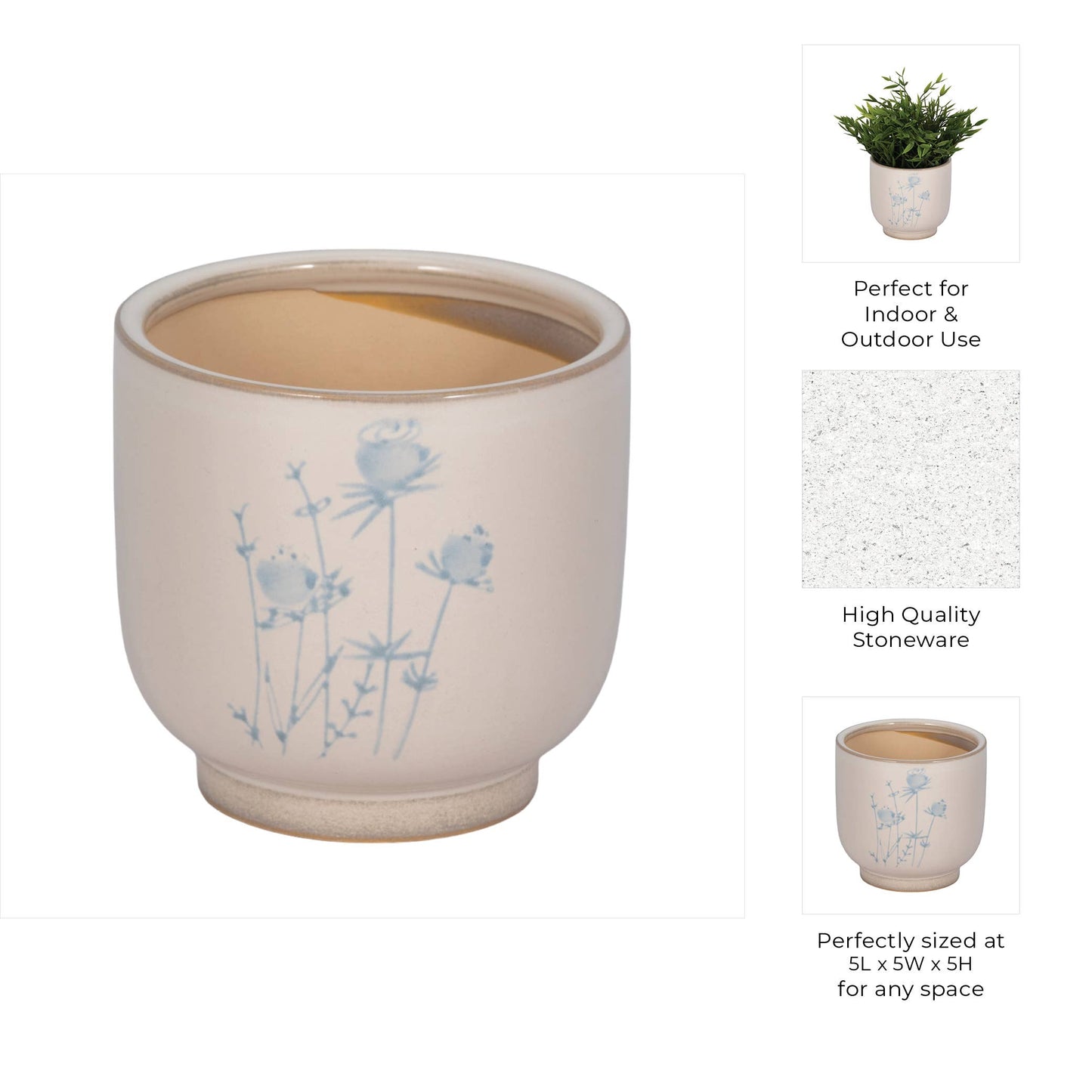Decorative Planter - Beige Ceramic Blue Flower Design, 5 in.