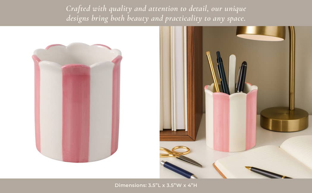 Pencil Cup - Pink/Ivory Ceramic Decorative Striped, 4 in.