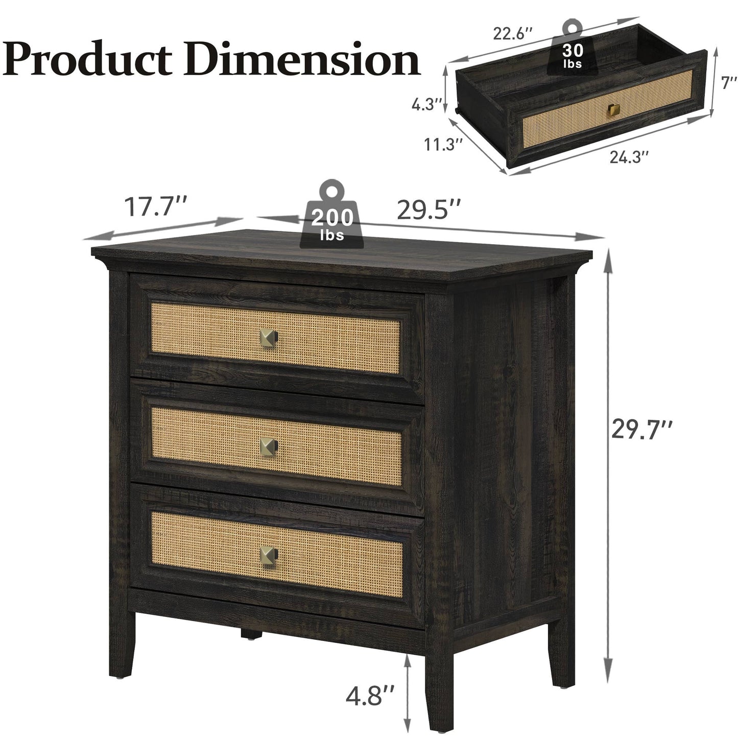 3 Drawer Dresser, Cane Nightstand with Rattan Drawers